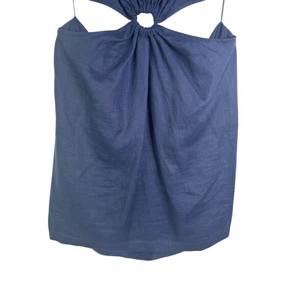 Staud Epona Sheath Dress Large Ring Detail Short Sleeve Cutout Linen Mini Navy L - Picture 6 of 16